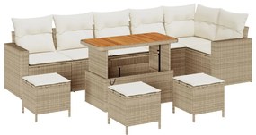 10 darabos Kerti kanapé szett párnákkal Bézs Poly Rattan Akáciával, 4 darabos Kerti Étkező Szett párnákkal Bézs Poly Rattan Akáciával