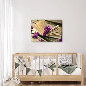 Kép egy könyvröl és a lila virágok (üvegen) (70x50 cm)