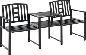 Outsunny Modern 2 Személyes Kerti Pad Asztallal és Ernyőnyílással, Kültéri Bútor 165x56x85.5cm Fekete | Aosom
