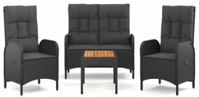 vidaXL 4 részes fekete polyrattan kerti étkezőszett párnákkal