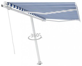 kék és fehér kézzel kihúzható póznás napellenző 300 x 250 cm