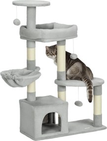 PawHut Macskafa Kintet, 104 cm Magas, Több Szintes Játékcentrummal, Megerősített Oszlopokkal és 3 Függő Labdával, Világosszürke | Aosom