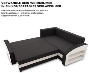 Grande sarokkanapé polcokkal , polc a jobb karfaban, jobboldali, szövet anyag, bonell töltet, fekete - fehér