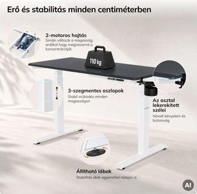 Elektromos, állítható magasságú, ergonomikus, fehér-antracit íróasztal,1200x600 mm: ARIA