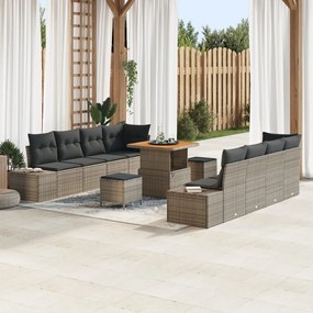 11 darabos kerti kanapé szett párnákkal, szürke, poli rattan, akác, 2 személyes kerti kanapé tárolóval és párnákkal, szürke poli rattan, 3 darabos kerti étkező szett párnákkal, szürke poli rattan, akác