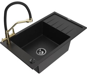 Mexen Elias gránit mosogató 1-medencés csepptálcával és Duo konyhai csapteleppel, fekete - 6511-77-671701-57-B