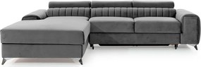 Szürke bársony kinyitható-tárolóhelyes sarokkanapé (bal oldali-heverő résszel) Grayson – ELTAP