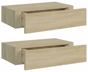 2 db tölgyszínű MDF falra szerelhető fiókos polc 40x23,5x10 cm
