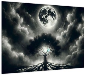 Üveg kép – Fekete-fehér fa teliholdban (70x50 cm)