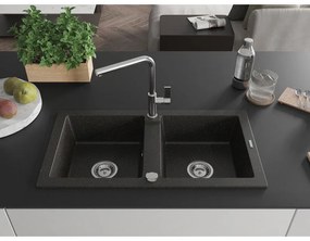 Mexen Mario, 2 kamrás gránit mosogató 820x436x161 mm és Flora mosogató csaptelep, fekete-arany metál, 6504-75-670401-00