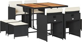 vidaXL 9 részes fekete polyrattan kerti étkezőgarnitúra párnákkal