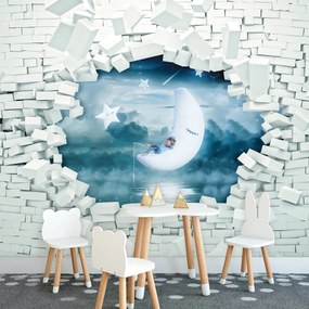 Fotótapéta - Téglafal és egy fiú a holdon (152,5x104 cm)