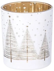 Karácsonyi üveg mécsestartó  9x10 cm fehér arany fenyőfás