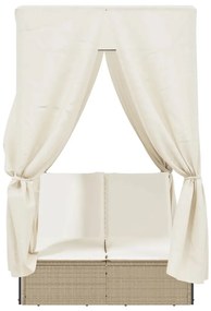 bézs polyrattan dupla napozóágy tetővel és függönyökkel