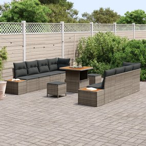 11 darabos kerti kanapészett párnákkal, szürke poli rattan., 3 darabos kerti étkezőszett párnákkal, szürke poli rattan.