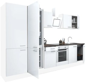 Yorki 330 konyhabútor fehér korpusz,selyemfényű fehér front alsó sütős elemmel polcos szekrénnyel és alulfagyasztós hűtős szekrénnyel