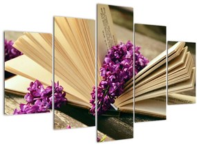 Kép egy könyvröl és a lila virágok (150x105 cm)