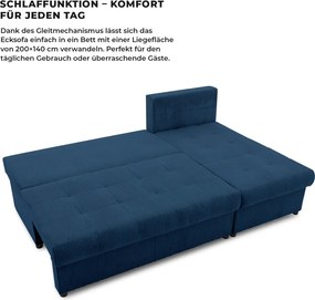 Venezia sarokkanapé, kordbársony, univerzális oldal, bonell töltet, kék