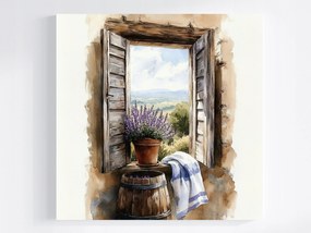 Vászonkép Canvas Akvarell Provence Ablak Kilátás Levendula Virágok 40x40