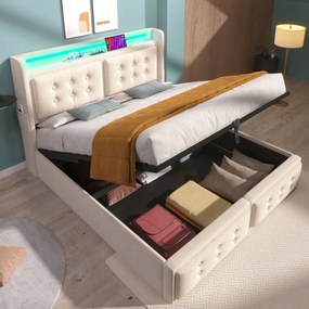 Kárpitozott ágy Kétszemélyes ágy 160x200 Usb C Led Bézs+Matrac