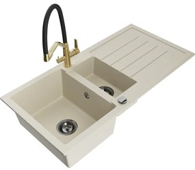Mexen Andres gránit mosogató 1,5 medencés csepegtetővel és Duo konyhai csappal, bézs - 6515-69-671701-57-B