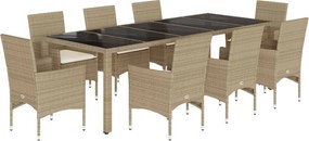 vidaXL 9 részes bézs polyrattan/üveg kerti étkezőgarnitúra párnákkal