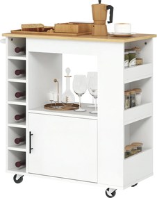 HOMCOM Tölgy Konyhai Kocsi, Fa Felsőrésszel, Polcokkal, Borospolccal, Sor szolgáló kocsi, Konyhaszekrény Görgőkkel, Puha Záró Hinge-kkel, Fogantyúval,