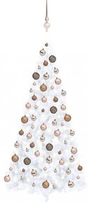 Fehér fél műkarácsonyfa LED-ekkel és gömbszettel 180 cm