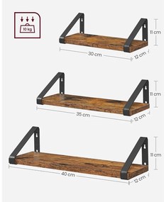 3 darabos fali polc szett, rusztikus barna 30/35/40cm