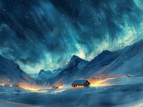 Vászonkép Canvas Tájkép Éjszaka Északi Fény Tél Hó Hegyek 80x60