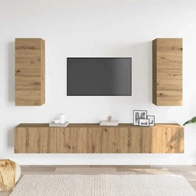 4 részes kézműves tölgy színű szerelt fa fali TV-szekrényszett