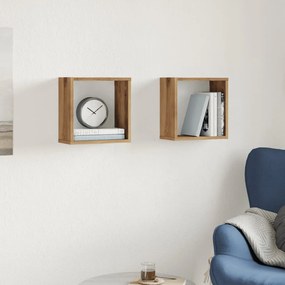 2 db kézműves tölgyszínű szerelt fa fali kockapolc 30x15x30 cm
