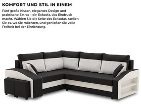 Grande sarokkanapé polcokkal és puffokkal , polc a jobb karfaban puffok a bal karfaban, baloldali, szövet anyag, hab töltet, fekete - fehér