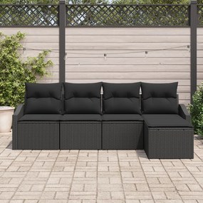 Kert Kanape Szett 5-Darabos Fekete Rattan, Acél Kültéri Kanapé