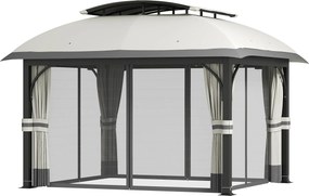 Outsunny Kerti Pavilon Két Rétegű Tetővel, 4x3.3m Vízálló, Strapabíró, Télálló Pavilon Szúnyoghálóval és Oldalfalakkal, Horganyzott Fém Kivitelben, Ke
