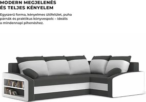 Grande sarokkanapé polcokkal , polc a bal karfaban, jobboldali, szövet anyag, hab töltet, szürke - fehér