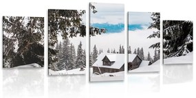 5 részes kép fa házikó havas erdőben
