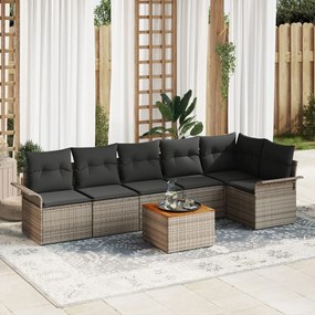 7 Részes Kerti Kanapészett Párnákkal Szürke Poli Rattan Akác, 2-Fős Kerti Kanapé Tárolóval & Párnákkal Szürke Poli Rattan