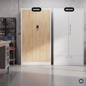 Fém irodai szekrény kódzárral, fehér, sonoma tölgy, 900x1850x400 mm: DANIEL Eco Design