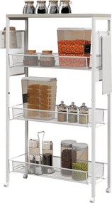 HOMCOM Konyhai Kocsi 4 Szintes Tárolóval, Munkafelülettel, Kosárral és Kampókkal, Konyhai Polc Kerekeken - Fehér | Aosom