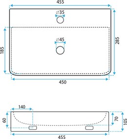 Rea Naomi, falra szerelhető/pultra szerelhető mosdó 455x285x105 mm, fehér fényes, REA-U0630