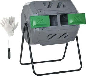 Outsunny 160L Komposztáló, 71cm x 65cm x 96cm Forgó Gyors Komposztáló Műanyagból, Thermokomposztáló 2 Kamrával, Biológiai és Kerti Hulladékhoz, Szürke