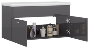 Magasfényű szürke szerelt fa mosdószekrény beépített kagylóval