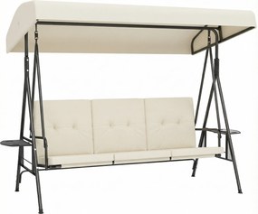 Outsunny 3 személyes kerti hinta — állítható napellenző, 2 lehajtható oldaltálca és párnák, acél/poliészter, krémszín | Aosom