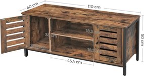 TV-szekrény lamellás ajtókkal, állítható polccal és tárolórekeszekkel, 110 x 40 x 50 cm, rusztikus barna/fekete