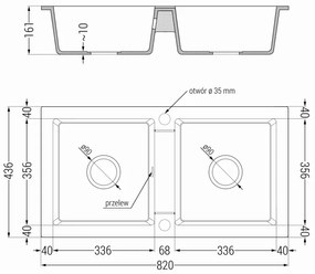 Mexen Mario, gránit mosogató 820x436x161 mm, 2 kamrás és Duo mosogató csaptelep, fekete-arany metál, 6504-75-671701-07