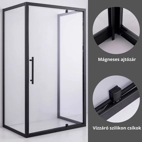 Stuxi Torino Black 90x90 falsíkra szerelhető 3 oldalú nyílóajtós zuhanykabin 6 mm vízlepergető biztonsági üveggel, fekete elemekkel, 200 cm magas