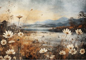 Fotótapéta flizelina Tó virágokkal és naplemente Hegyek 416x290 +ragasztó