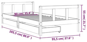 fehér tömör fenyőfa gyerekágykeret fiókokkal 90 x 200 cm