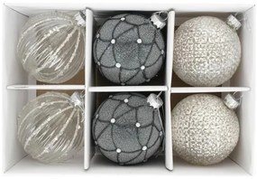 Karácsonyi üveg gömb dísz arany szürke dombor vonal mintával glitter dekorral akasztós 8 cm 6 db